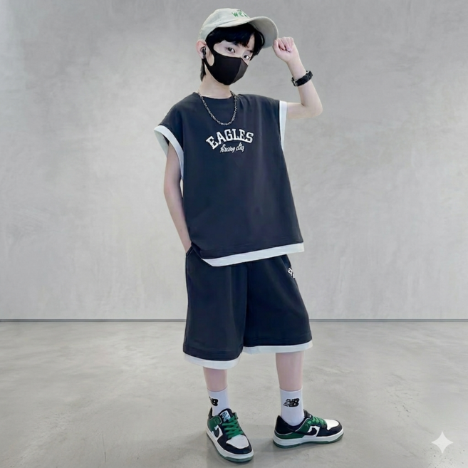 주니어 남아용 이글스 배색 민소매 티셔츠 반바지 상하세트