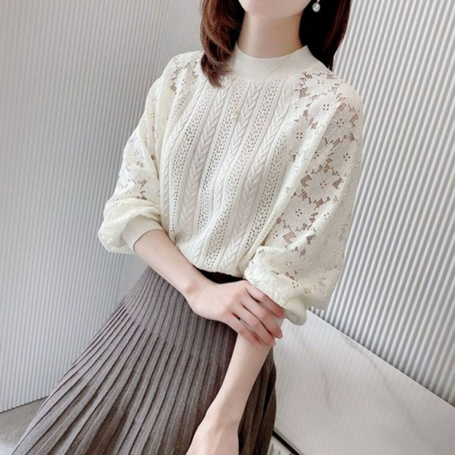 AOKADA 여성 봄 가을 루즈핏 반폴라 꽈배기 니트 펀칭 레이스 퍼프 소매 블라우스