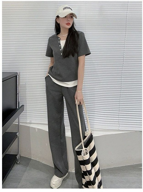 RORO 韓系氣質休閒運動套裝女夏季大碼洋氣假兩件短袖T恤闊腿褲兩件套