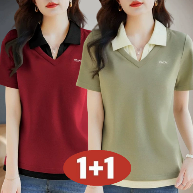 100KG까지 빅사이즈 1+1 초특가 여성용 여름 오버핏 날씬해 보이는 페이크 레이어드 영어 자수 칼라넥 반팔