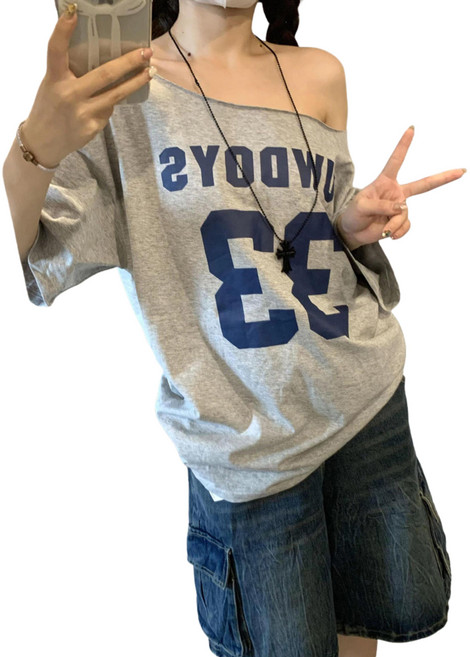 美式復古露肩字母印花斜肩衛衣女寬鬆百搭上衣