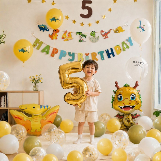 PartyFUN 數字5 恐龍 龍主題生日氣球套組, 金色, 1套
