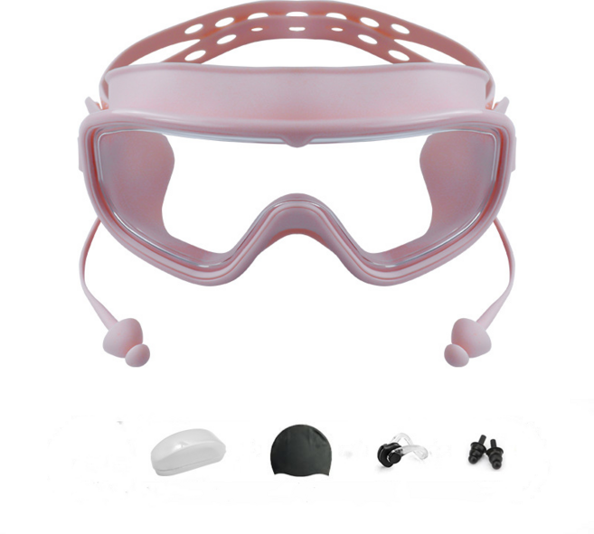 Vakedy 고글형 물안경 일체형 귀마개 수경 수모 세트, 핑크, 1개