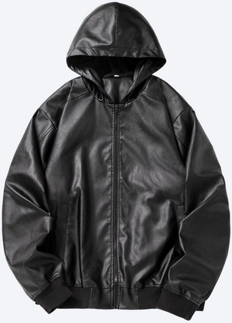 에브리핏 남자 오버핏 후드 인조 가죽 자켓 루즈핏 블랙 레더 집업 블루종 간절기