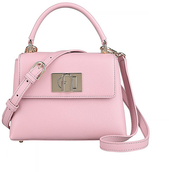 FURLA 1927 金字LOGO 防刮牛皮 旋鈕式 手提斜背包 迷你 多色, 寶寶粉