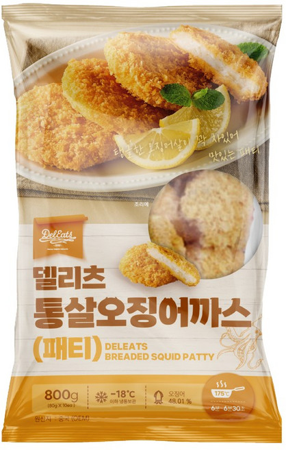 [오늘출발] 델리츠 통살오징어까스 10개 오징어48% 냉동 패티, 1개, 800g