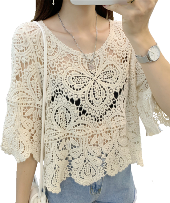 펀칭 레이스 상의 여성 봄여름 얇은 니트 루즈핏 반팔 니트 M 뉴타임즈 J740O925