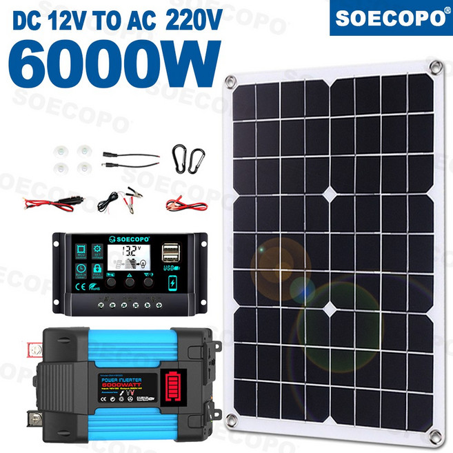 태양계 6000W 완전한 500W 12V 가정용 백업 220V 패널 컨트롤러 100A 캠핑 배터리 태양 키트 발전기