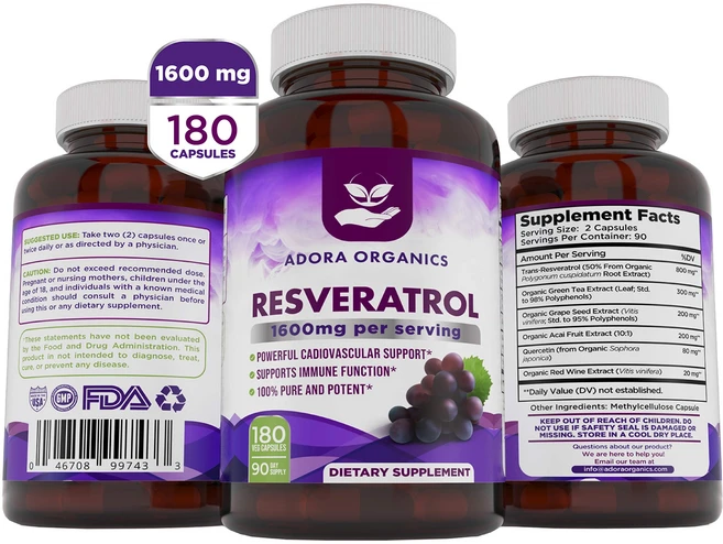 아도라 올가닉 레스베라트롤 Resveratrol 1600mg 180정, 1개 - 쿠팡