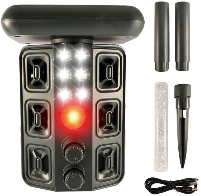 RYNOVEX 태양광 충전 야생동물 퇴치기 4종 강력모드 적외선센/초음파/4개고주파 스피커 경보/LED섬광/감광 야간조명/무선설치-고양이 강아지 멧돼지