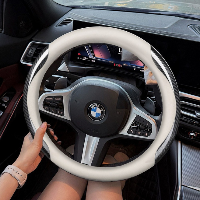 Jeernare 가죽 핸들커버 논슬립 핸들 커버 탄소섬유 차량 핸들커버 원형 자동차 핸들커버, 화이트