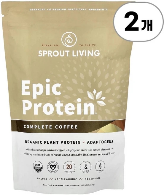 스프라우트 리빙 에픽 프로틴 오가닉 플랜트 프로틴 어댑토젠 Sprout Living Epic Protein® Organic Plant Protein + Adaptogens 456, 456g, 2개 - 쿠팡