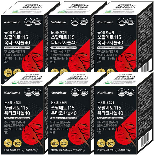 뉴트리바이옴 논스톱 초임계 쏘팔메토115mg 옥타코사놀 40mg 남성영양제 지구력 쏘팔 소팔 전립선 코사놀 영양제 로르산함유 남성활력 식약처인증, 6개, 30정