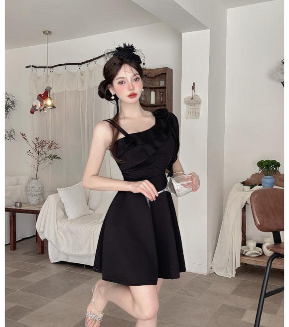 荷葉邊 大擺 a字連衣裙 氣質顯瘦短裙, 黑色