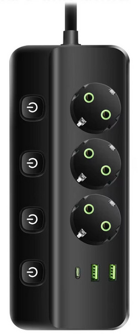멀티탭 3구 개별 스위치 + USB 2포트 + TYPE-C 1포트 16A 2500W, 1개, 블랙, 1.9m