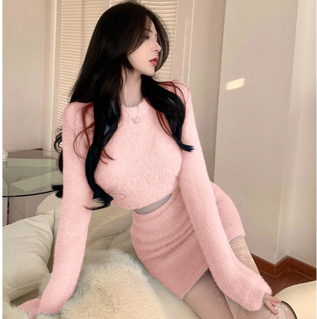 앙고라 크롭니트 + 스커트 세트