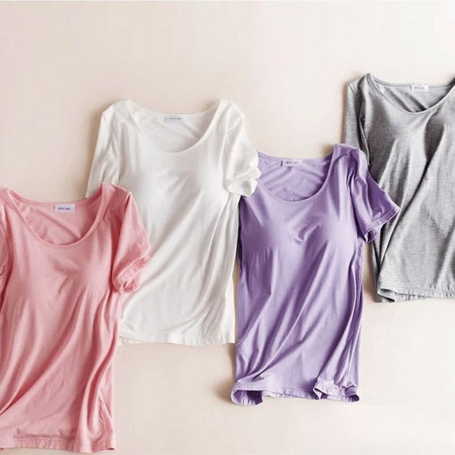 【Helena】超彈性莫代爾帶胸墊T恤 短袖 bra背心 內衣 上衣 素色透氣 素T【A1102】