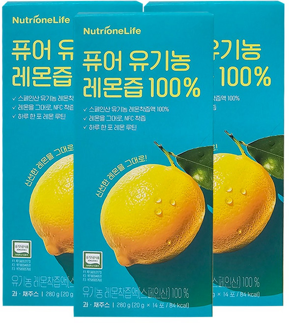 뉴트리원 퓨어 유기농 레몬즙, 280ml, 280g, 3개