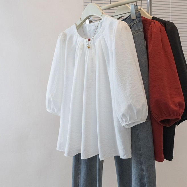 여성 빅사이즈 라운드넥 퍼프소매 블라우스 티 봄가을 간절기 프렌치 루즈핏 7부소매 데일리 기질 패션 슬림핏 상의