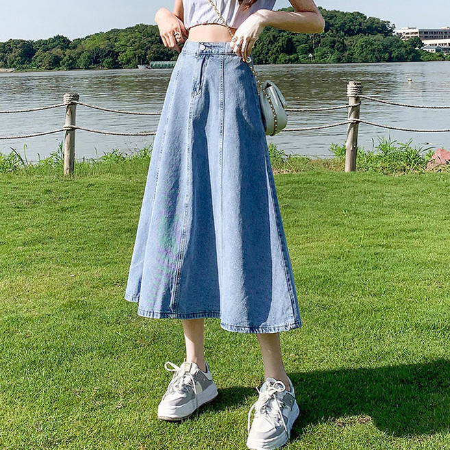 여성 데님 스커트 봄 여름 빅사이즈 하이웨스트 A라인 미디 밴딩 청치마