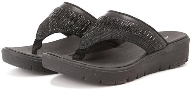 프로스펙스 여성 220 240 사이즈 이월 일상생활 신기 좋은 푹신한 쿠션 키높이 효과 반짝이 여유있는 핏 여름 쪼리 슬리퍼 THG 212 블랙