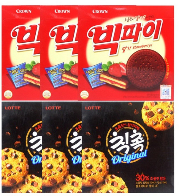 크라운 빅파이딸기 324g x3개 + 롯데 칙촉 오리지날 180g x3개, 3개