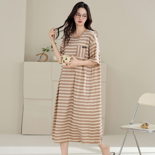 리얼 빅사이즈 여성 원피스 잠옷. 브라운 오버핏 홈웨어 반팔