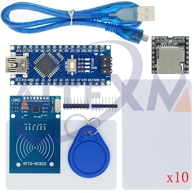 RFID 세트 13.56 MHZ IC 카드 + Nano V3.0 미니 USB 보드 납땜 케이블 MP3 모듈 Arduino 용 MFRC522 키트, 01 MINI RFID Kit(Nano)