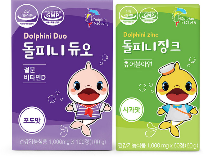 돌피니듀오 철분 비타민 D 100g 포도맛 + 돌피니징크 츄어블아연 사과맛 60g, 1세트