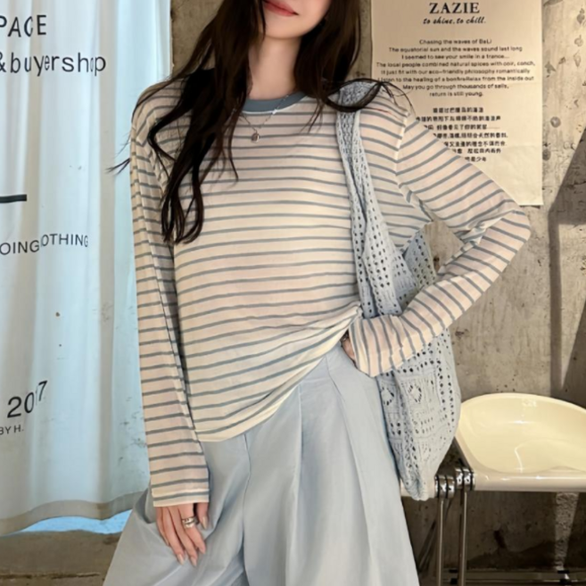 무니유유 텐셀원단 레트로 스트라이프 냉감 아이스 쿨 시스루 긴팔 티셔츠