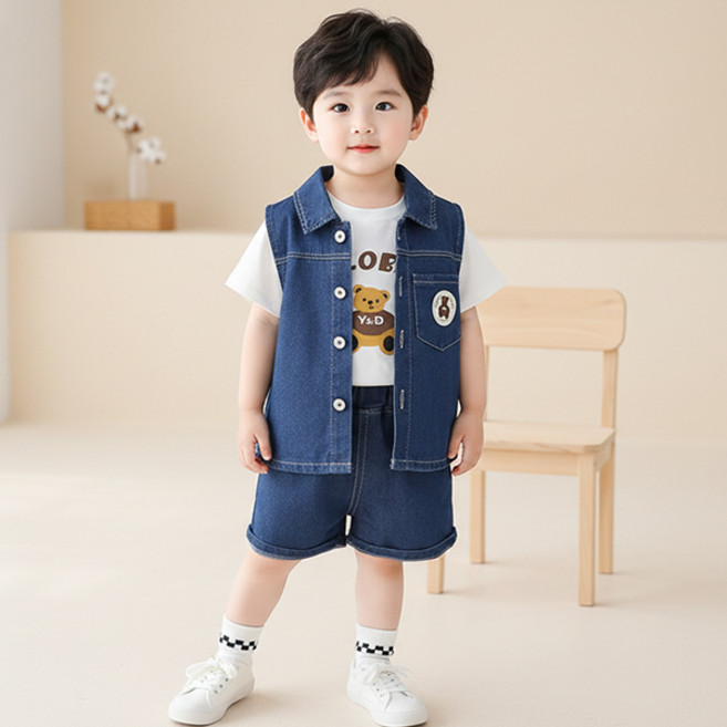 몽실이 헬로베어 데님조끼 상하복3pcs