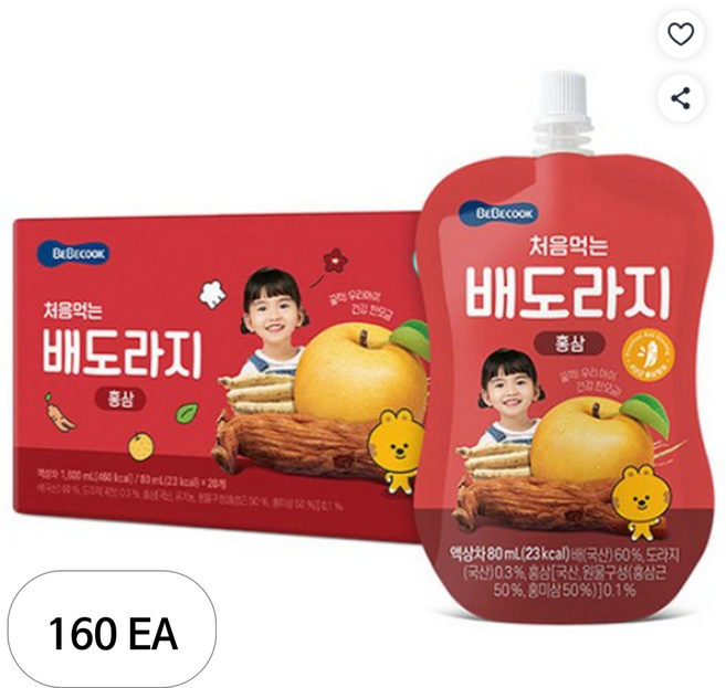 베베쿡 처음먹는 배도라지 어린이 음료 80ml, 160개