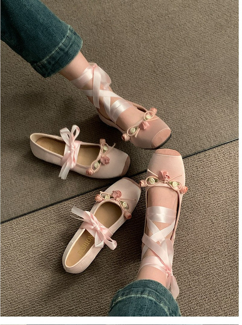 러블리 플라워 리본 플랫슈즈