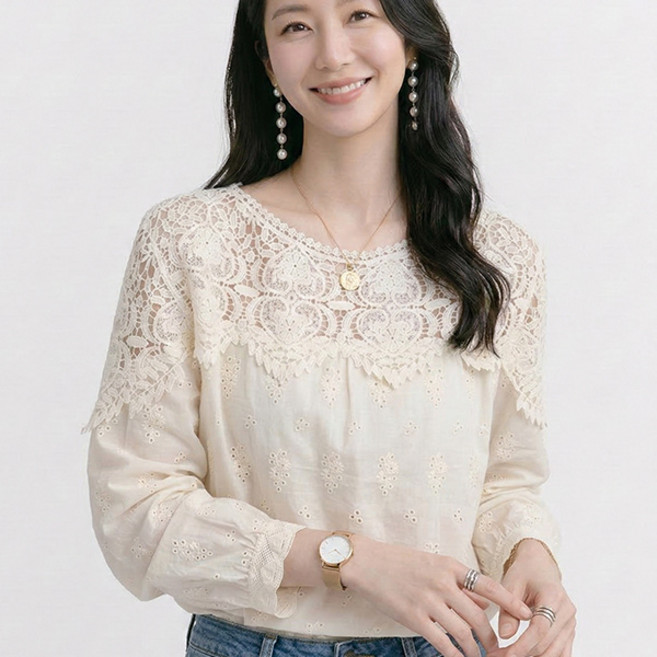 나바바 NB3082 여성 러블리 레이스 펀칭 긴팔 블라우스