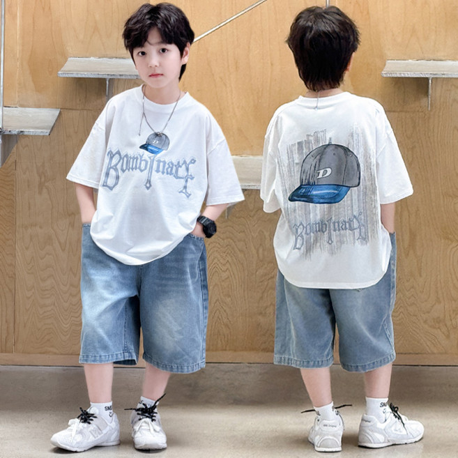 비비키드 남아 여름 레터링 D 캡모자 프린팅 상하복 주니어 세트 초중생 반팔티 초등생 데님 반바지 세트 (7337)