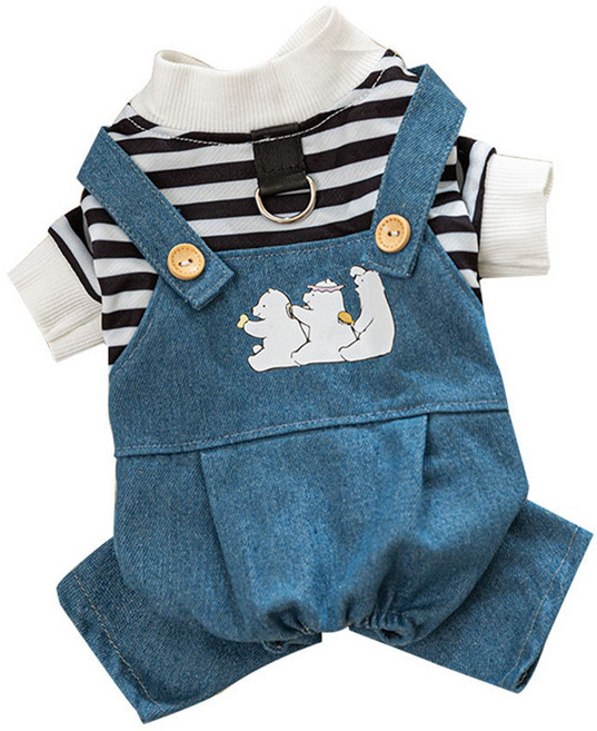 강아지청멜빵바지 스트라이프 면티레이어 애견용신제품, 1개, 흰색