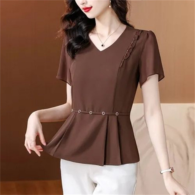 TKX 여성용 브이넥 프릴 허리라인 반팔 블라우스 슬림핏 오피스 데일리 심플 우아한 스타일 상의