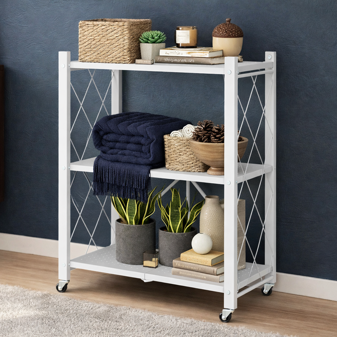 센스킹 철제 수납선반 원터치 간편 폴딩선반 다용도 고강도 접이식 철제선반, 화이트, 3단