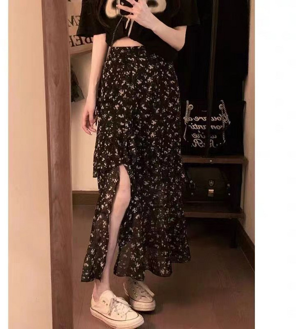 大尺碼半身裙法式開叉雪紡碎花半身裙女夏季新款胖mm高腰顯瘦遮肚A字裙子