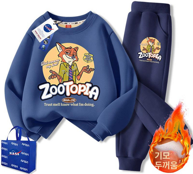 주토피아 맨투맨 티셔츠 주디 추리닝 동물 캐릭터 세트 상하복 기모 바지 겨울, 여우선생 블루+다크네이비