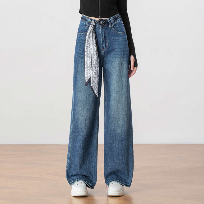 POMTOR 가을 여성용 와이드 청바지 워싱 하이웨스트 일자 팬츠