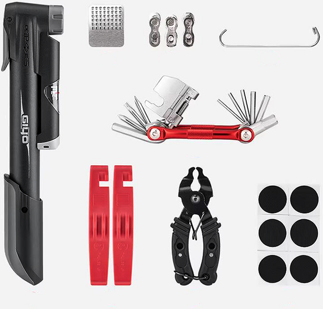GIYO 자전거 펑크 리페어 수리키트 멀티툴 게이지타입펌프 체인플라이어 포함 PT-10, 1세트