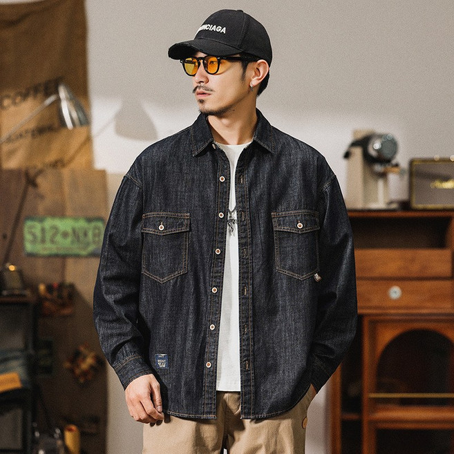 【復古絲光】大碼男裝襯衫 牛仔襯衫 開衫襯衫 長袖襯衫 薄款襯衫 寬鬆版型 絲光棉面料 春夏復古穿搭 商務休閒兩用