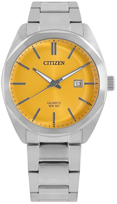 CITIZEN GENT 時尚簡約石英鋼帶男錶-黃面