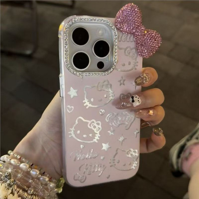 아이폰16/15/14 핑크 리본 키티 핸드폰 케이스 넘어짐방지 케이스