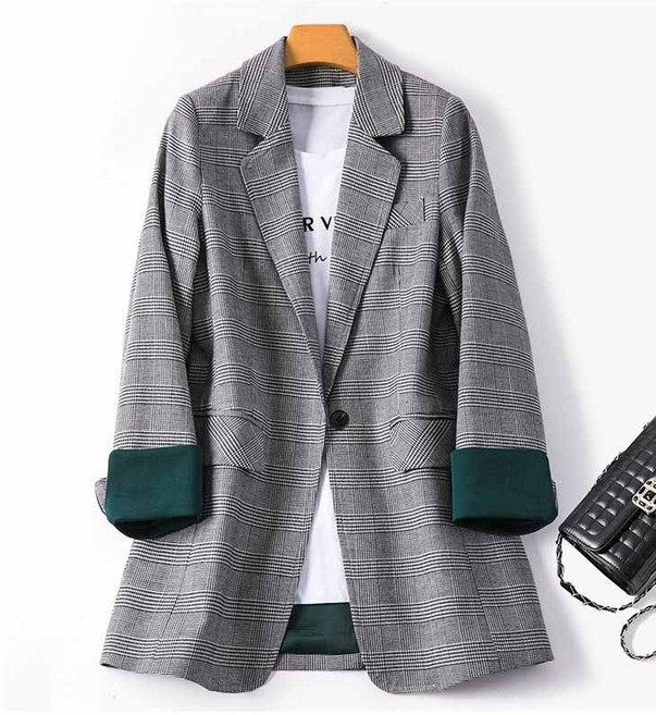 AOKADA 여성 체크 슬림 정장 자켓 롤업 소매 블레이저 재킷