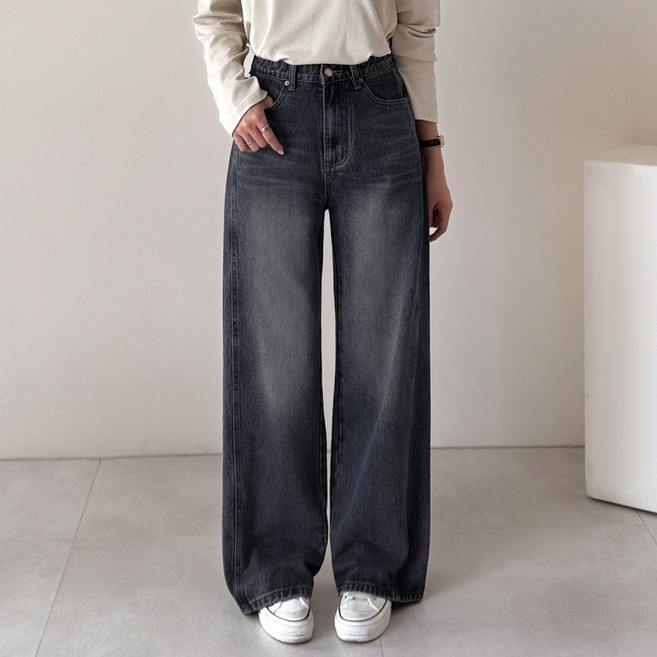데일리앤 르벤 기장선택 여성 빅사이즈 밴딩 와이드 난스판 절개 데님 팬츠 빈티지 워싱 청바지 봄 가을 간절기