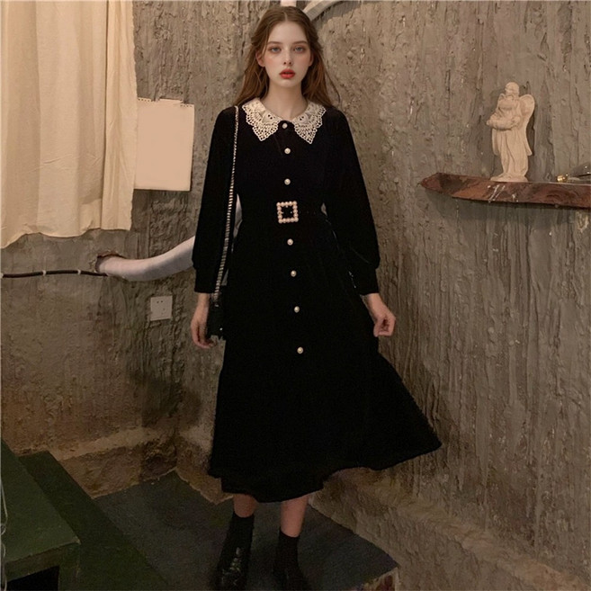 (대여) 진주버튼 레이스카라 블랙 원피스 경성의상