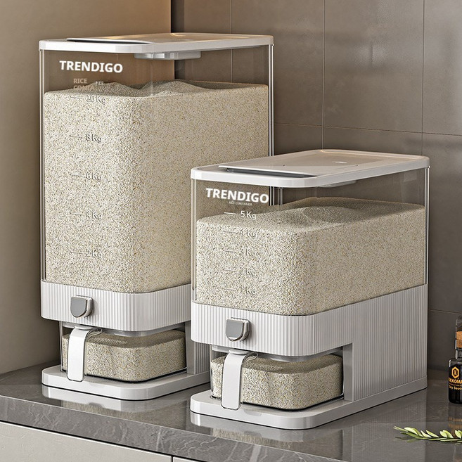 Trendigo [식약처인증정품] 원터치 밀폐 계량 쌀통 잡곡통 방충 쌀 보관통, 화이트, 1개