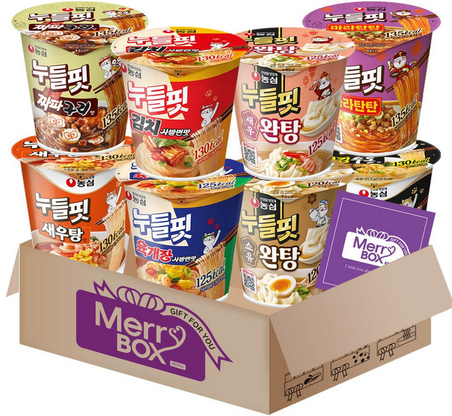 메리박스 누들핏 저칼로리 {육개장사발면맛+김치사발면맛+튀김우동맛+새우탕맛+짜파구리+마라탄탄+쇼유완탕+새우완탕}+메세지카드, 1박스
